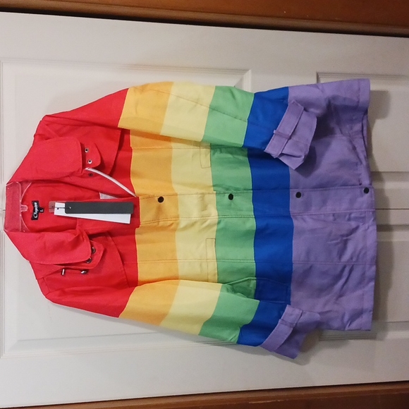 Oopera Jackets & Blazers - Oopera rainbow hooded rain coat jacket - L